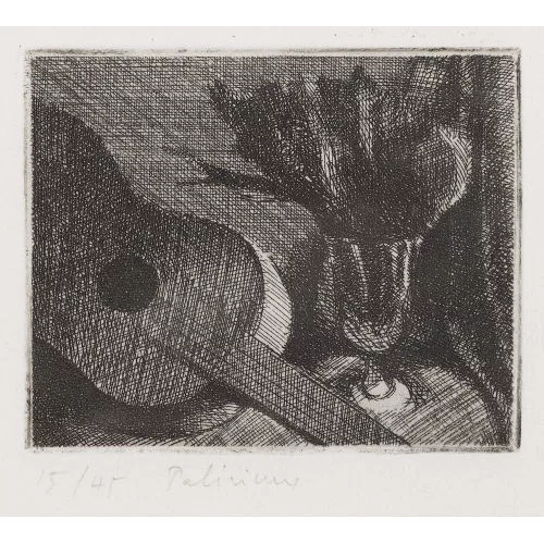 Gérard de Palézieux — "Mandoline et fleurs dans un vase".