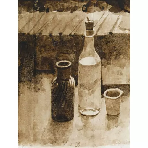 Nature morte avec bouteille, carafe et pot