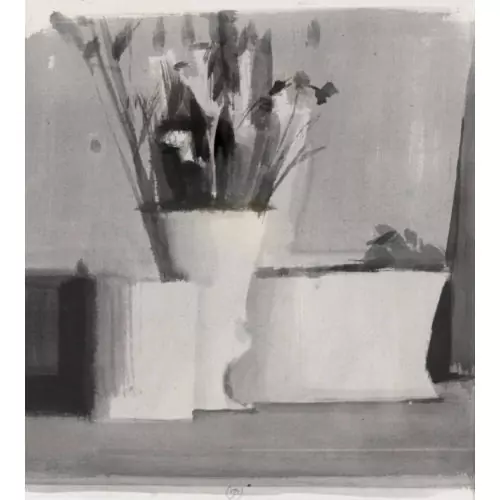 "Nature morte au bouquet, pot et panier"