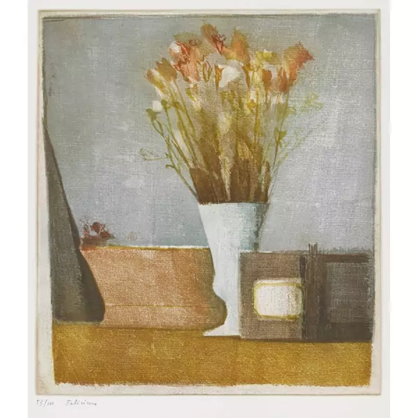 "Nature morte au bouquet, pot et panier"