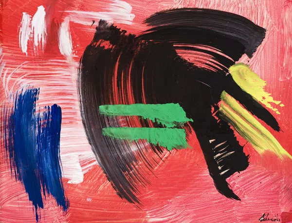 Gérard Schneider — Composition abstraite sur fond rouge,