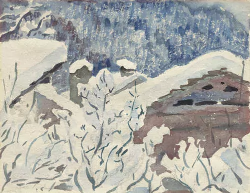 GIOVANNI GIACOMETTI — Blick ins winterliche Dorf. Weiler Curtins im Fextal. (View of a wintry village. Weiler Curtins in Val Fex). — Koller Auktionen