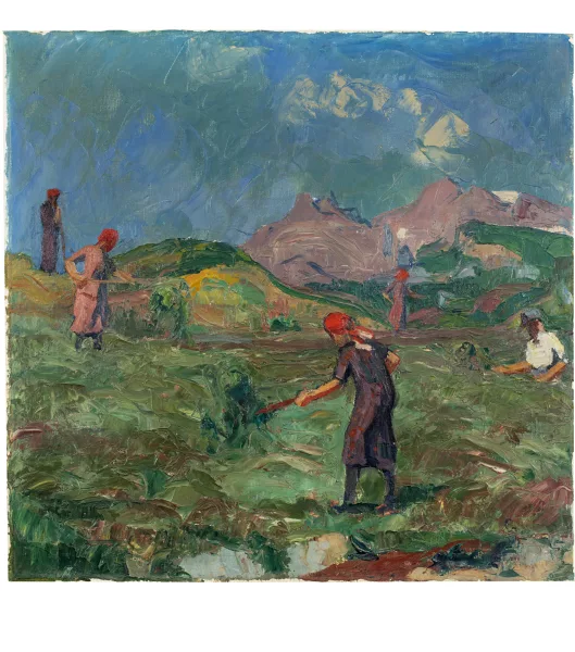 Giovanni Giacometti — Gebirgslandschaft mit arbeitenden Bäuerinnen
