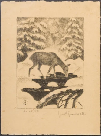 Trinkendes Reh und Hirsch in winterlicher Landschaft, 1928