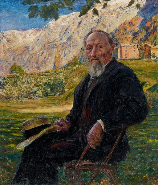 Giovanni Giacometti — Bildnis des Vaters vor Bergeller Landschaft mit Stampa, 1892