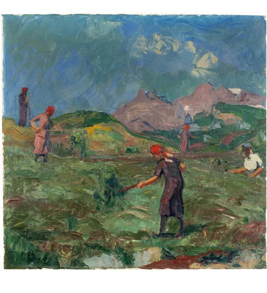 Giovanni Giacometti — Gebirgslandschaft mit arbeitenden Bäuerinnen