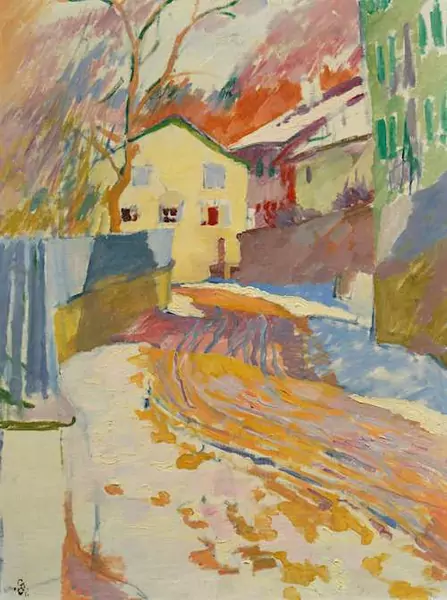 GIOVANNI GIACOMETTI — A village road with melting snow. Circa 1919. — Koller Auktionen