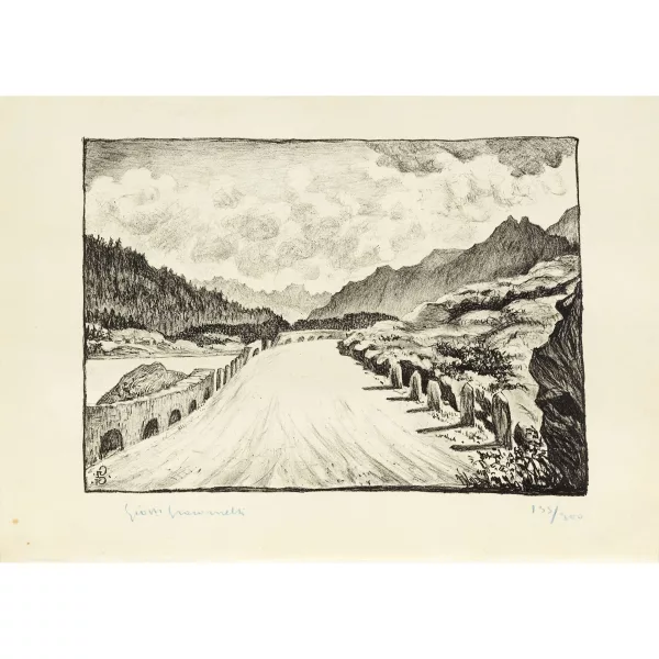 Giovanni Giacometti — STRASSE NACH MALOJA ENTLANG DEM SILSERSEE, 1928 STREET TO MALOJA ALONG LAKE SILS, 1928