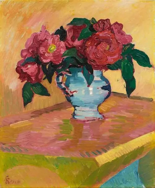 GIOVANNI GIACOMETTI — Rote Pfingstrosen in hellblauem Krug auf einem Bugatti Tisch. 1908. — Koller Auktionen