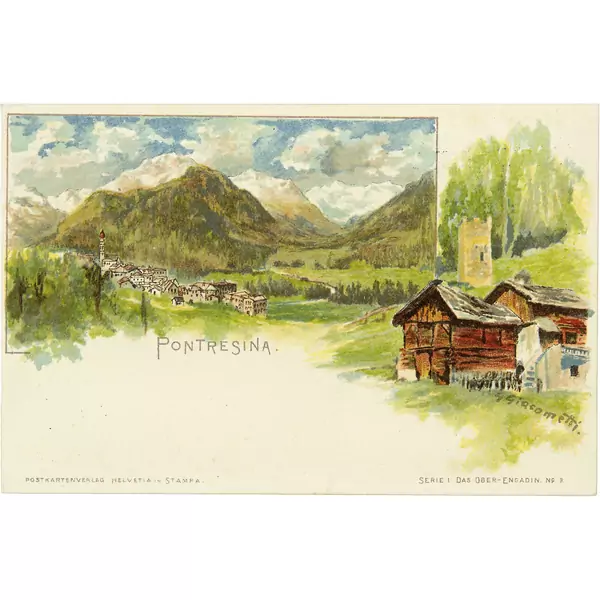 Giovanni Giacometti — Postkarten: Silser-See - Sils-Baseglia - Samedan - Sils-Maria - Silva Plana - Maloja - St. Moritz - Der Schafberg - Pontresina - Forno Gletscher 10 farbige Postkarten aus der "Serie I - Das Ober-Engadin" des Postkartenverlags "Helvetia in Stampa" [Eigenverlag des Künstlers] — Galerie Kornfeld