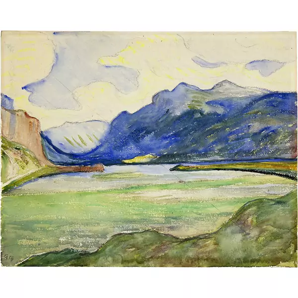 Giovanni Giacometti — Blick auf den Silseersee und den Piz Corvatsch von Capolago/Maloja, links mit dem markanten Felsvorsprung Sacs da Corn — Galerie Kornfeld