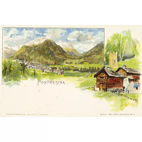 Giovanni Giacometti — Postkarten: Sils-Baseglia - Samedan - Sils-Maria - Silva Plana - Maloja - St. Moritz - Der Schafberg - Pontresina - Forno Gletscher 9 farbige Postkarten aus der "Serie I - Das Ober-Engadin" des Postkartenverlags "Helvetia in Stampa" [Eigenverlag des Künstlers] — Galerie Kornfeld
