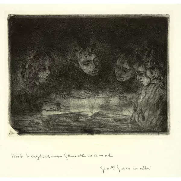 Giovanni Giacometti — Alberto, Diego, Ottilia und Bruno beim Lesen — Galerie Kornfeld