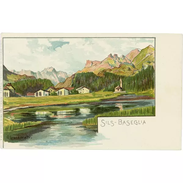 Giovanni Giacometti — Postkarten: Sils-Baseglia - Samedan - Sils-Maria - Silva Plana - Maloja - St. Moritz - Der Schafberg - Forno Gletscher Farbige Postkarten aus der "Serie I - Das Ober-Engadin" des Postkartenverlags "Helvetia in Stampa" [Eigenverlag des Künstlers] — Galerie Kornfeld