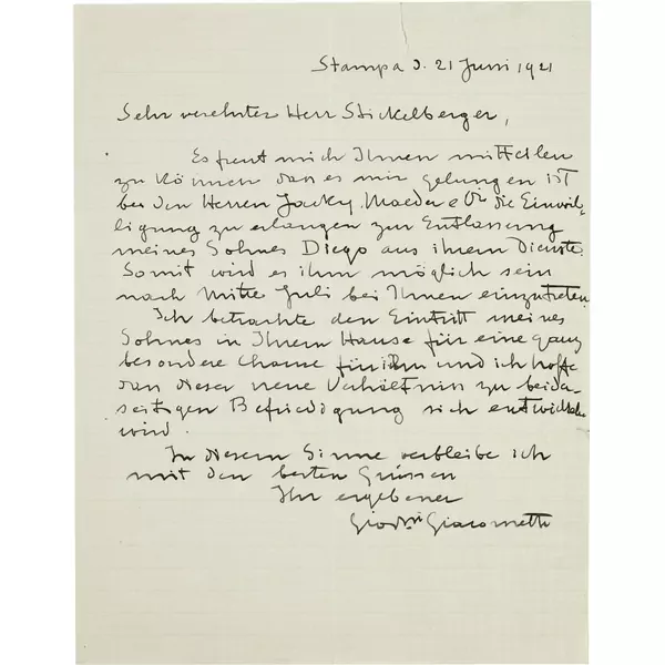 Giovanni Giacometti — Handschriftlicher Brief an Emanuel Stickelberger in Basel — Galerie Kornfeld