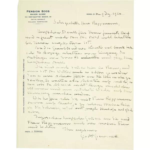 Giovanni Giacometti — Handschriftlicher Brief an Hermann Rippmann in Binningen — Galerie Kornfeld
