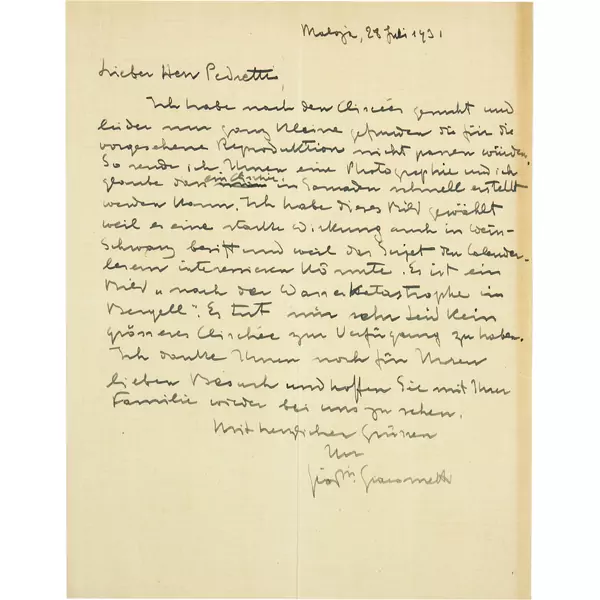 Giovanni Giacometti — Handschriftlicher Brief an "Herr Pedretti" — Galerie Kornfeld