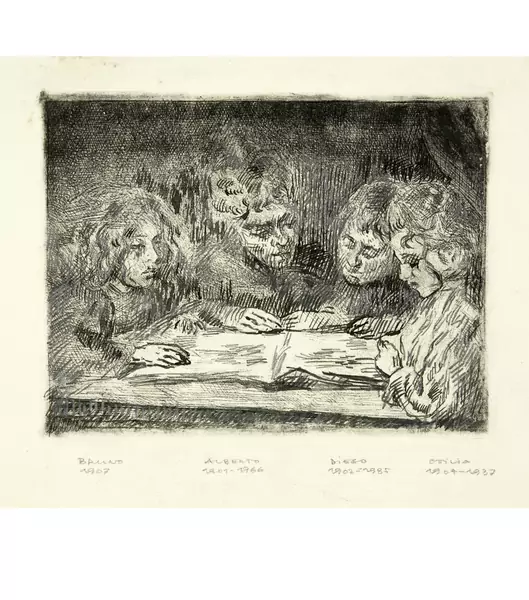 Giovanni Giacometti — Alberto, Diego, Ottilia und Bruno beim Lesen — Galerie Kornfeld