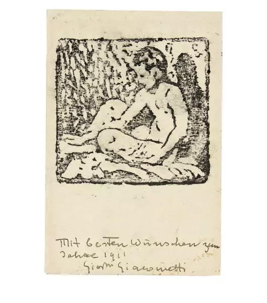 Giovanni Giacometti — Sitzender Knabenakt nach links (Diego), Postkarte 30.12.1910 — Galerie Kornfeld