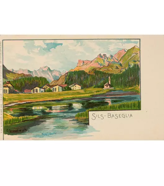Giovanni Giacometti — Postkarten: Sils-Baseglia. - Samaden. - Sils-Maria. - Silva Plana. - Maloja. - St. Moritz. - Der Schafberg. - Forno Gletscher Aus der Serie "Die zehn Kunstpostkarten mit Ansichten vom Ober-Engadin" — Galerie Kornfeld