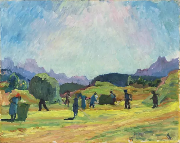 Giovanni Giacometti — Heuernte in Capolago mit Blick auf die Bergeller Berge — Galerie Kornfeld