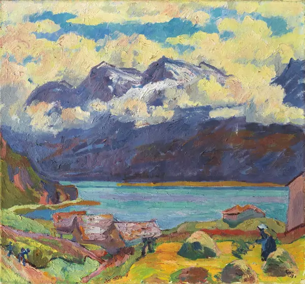 Giovanni Giacometti — Morgenstimmung – Ställe und Heuerin in Capolago mit Blick auf den Silsersee und den Corvatsch — Galerie Kornfeld