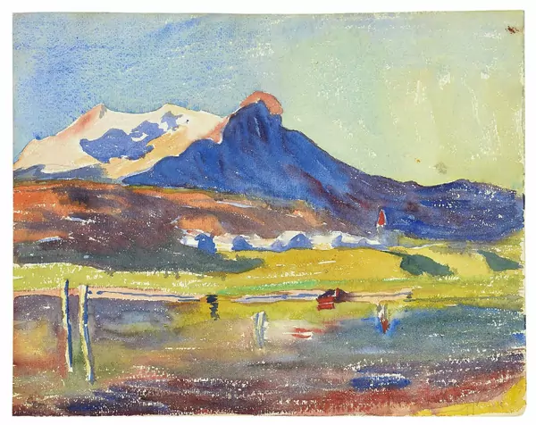 Giovanni Giacometti — Blick über den Silsersee auf eine Häusergruppe und Berggipfel — Galerie Kornfeld