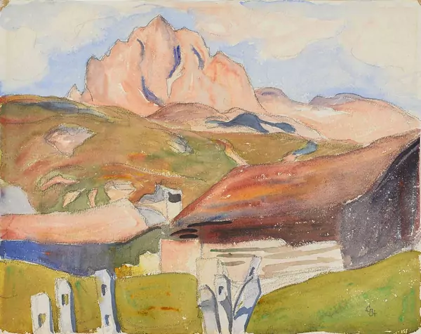 Giovanni Giacometti — Häuser in Capolago mit Blick auf den Piz Lagrev — Galerie Kornfeld
