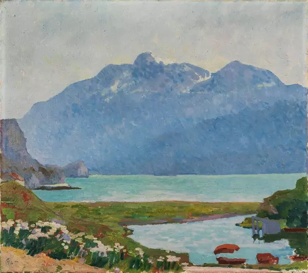 Giovanni Giacometti — Mattino – Uferlandschaft des Silsersees bei Capolago, mit Blick auf den Piz Corvatsch — Galerie Kornfeld