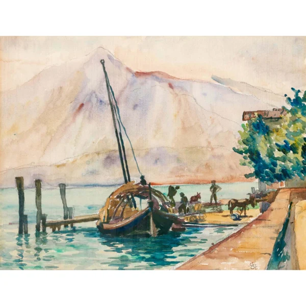Giovanni Giacometti — ANLEGESTELLE MIT BARKE UND FIGURENSTAFFAGE (TESSIN) FIGURES AT LANDING STAGE WITH BOAT (TICINO)