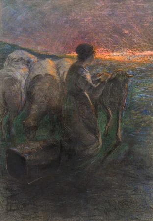 Tramonto. Pastorella alla Fontana (Hirtenmädchen mit Schafen am Brunnen), 1886–1888