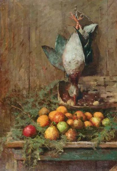 GIOVANNI SEGANTINI — Stillleben mit Früchten und Vogel. 1883. — Koller Auktionen