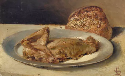 GIOVANNI SEGANTINI — Still-life with chicken on an plate. Circa 1875. — Koller Auktionen