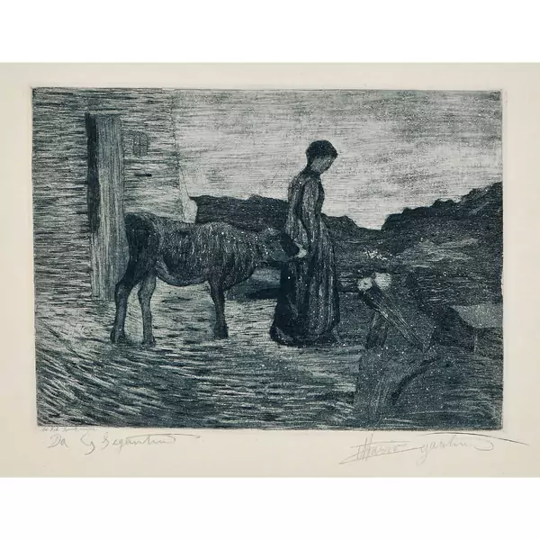 Frau mit Kalb vor einem Bauernhaus