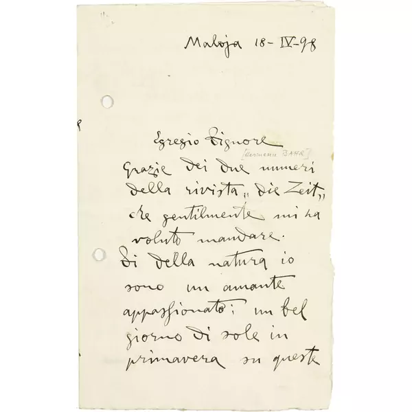 Giovanni Segantini — Handschriftlicher Brief, mit Anrede "Egregio Signore" — Galerie Kornfeld