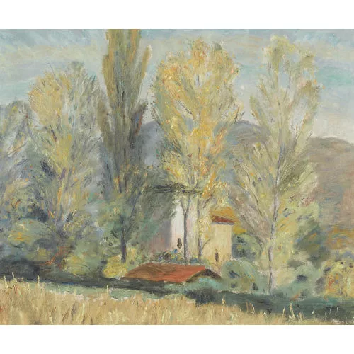 Giuseppe Soldati — Tessiner Weiler bei einem Hain.
