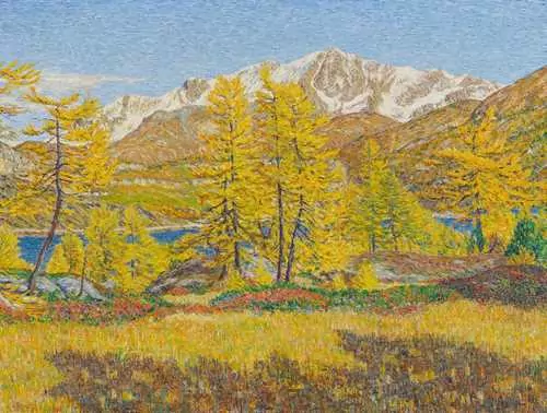 GOTTARDO SEGANTINI — Herbstlandschaft mit dem Silvaplanersee und dem Piz Corvatsch im Hintergrund. Maloja. 1931. — Koller Auktionen