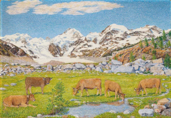 Gottardo Segantini — Engadiner Berge mit weidenden Kühen