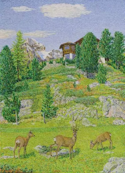 GOTTARDO SEGANTINI — Rehe bei der Villa Oberalpina mit Piz Julier, St. Moritz. 1953. — Koller Auktionen