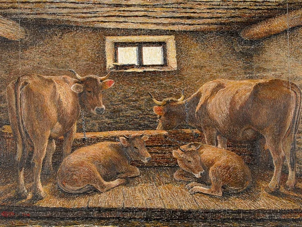 Gottardo Segantini — Zwei Kühe und ihre Kälber im Stall, 1944
