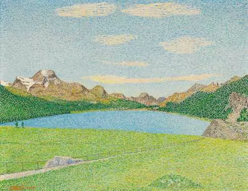 GOTTARDO SEGANTINI — Summer landscape in Engadine, with a view over lake Silser towards Maloja. 1948. — Koller Auktionen