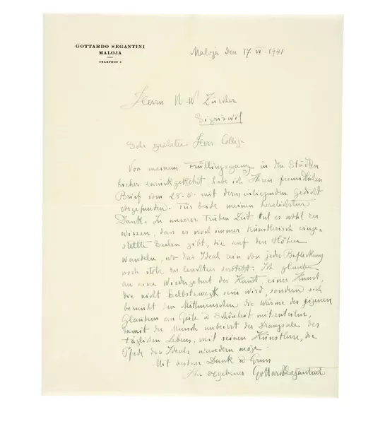 Gottardo Segantini — Brief an Ulrich Wilhelm Züricher — Galerie Kornfeld
