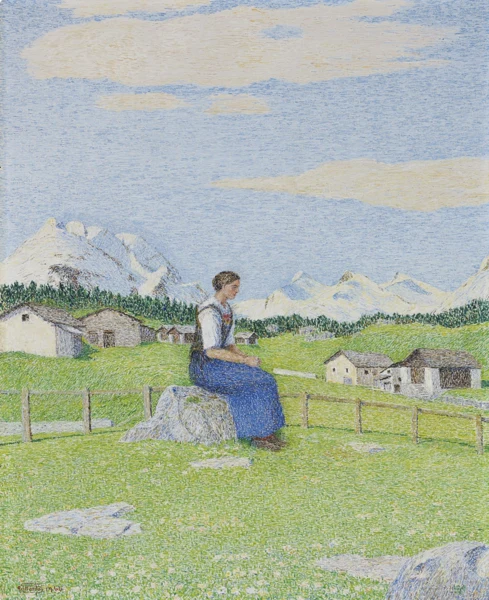 Gottardo Segantini — Junge Engadinerin vor Gebirgslandschaft, 1966