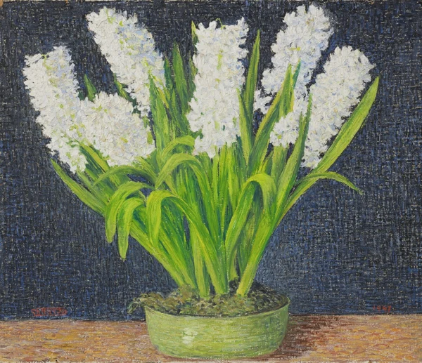 Gottardo Segantini — Weisse Hyazinthen in grünem Topf, 1947