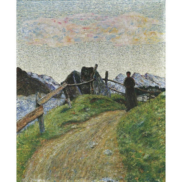 Gottardo Segantini — GEBIRGSLANDSCHAFT MIT FRAU AUF FUSSWEG LANDSCAPE WITH WOMAN ON FOOTPATH