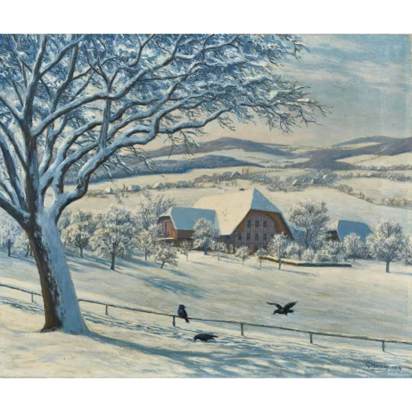 Gottfried Herzig — Emmentaler Winterlandschaft mit Bauernhof und Krähen.