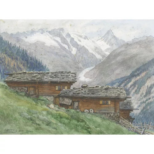 Gottfried Herzig — Häuser in Binn mit dem Finsteraarhorn.