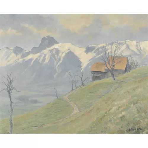 Gottfried Lüscher — Sonnige Landschaftspartie mit der Stockhornkette.
