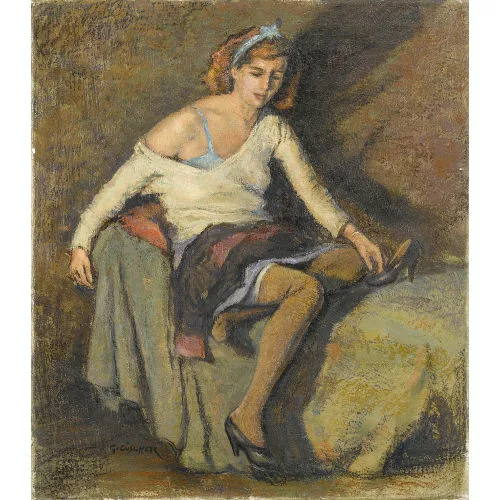 Gottfried Lüscher — "Sitzende, ein Schuh auf dem Bett".