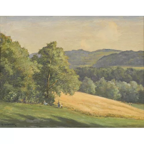 Gottfried Lüscher — Sommerliche Feld- und Waldlandschaft mit Spaziergängern.